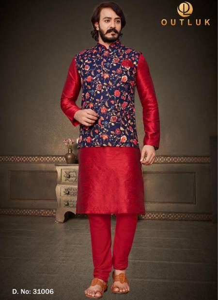 Red And Navy Blue Colour Exclusive Festive Wear Art Silk Flower Printed Kurta Pajama With Jacket Mens Collection 31006